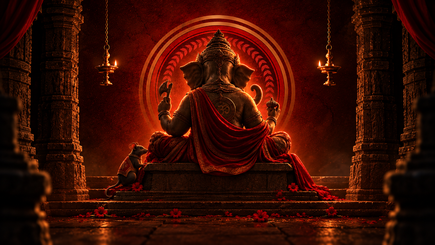Ganesha idol on a temple platform lit by hanging oil lamps